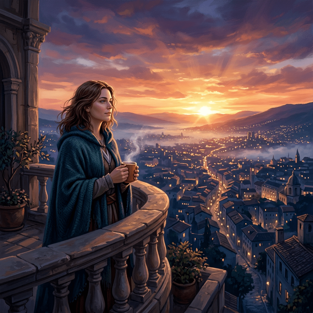 Woman in cloak holding steaming cup on balcony overlooking city at sunset