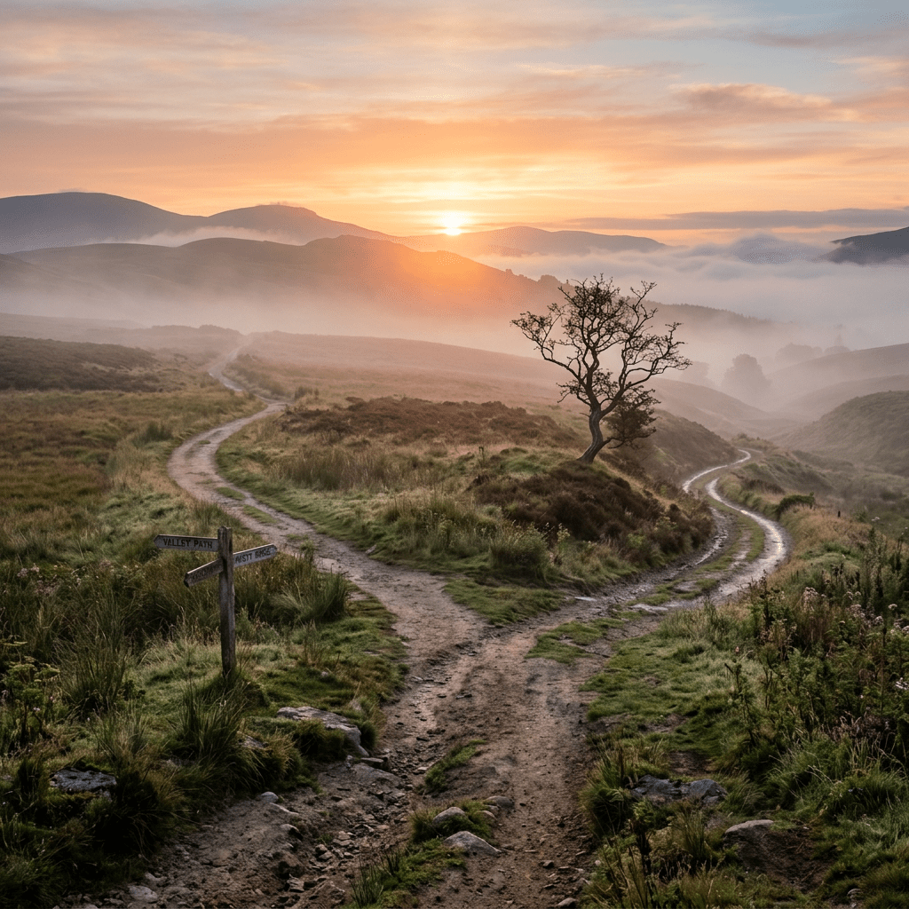 Sunrise over misty hills with paths diverging near a lone tree and a wooden signpost