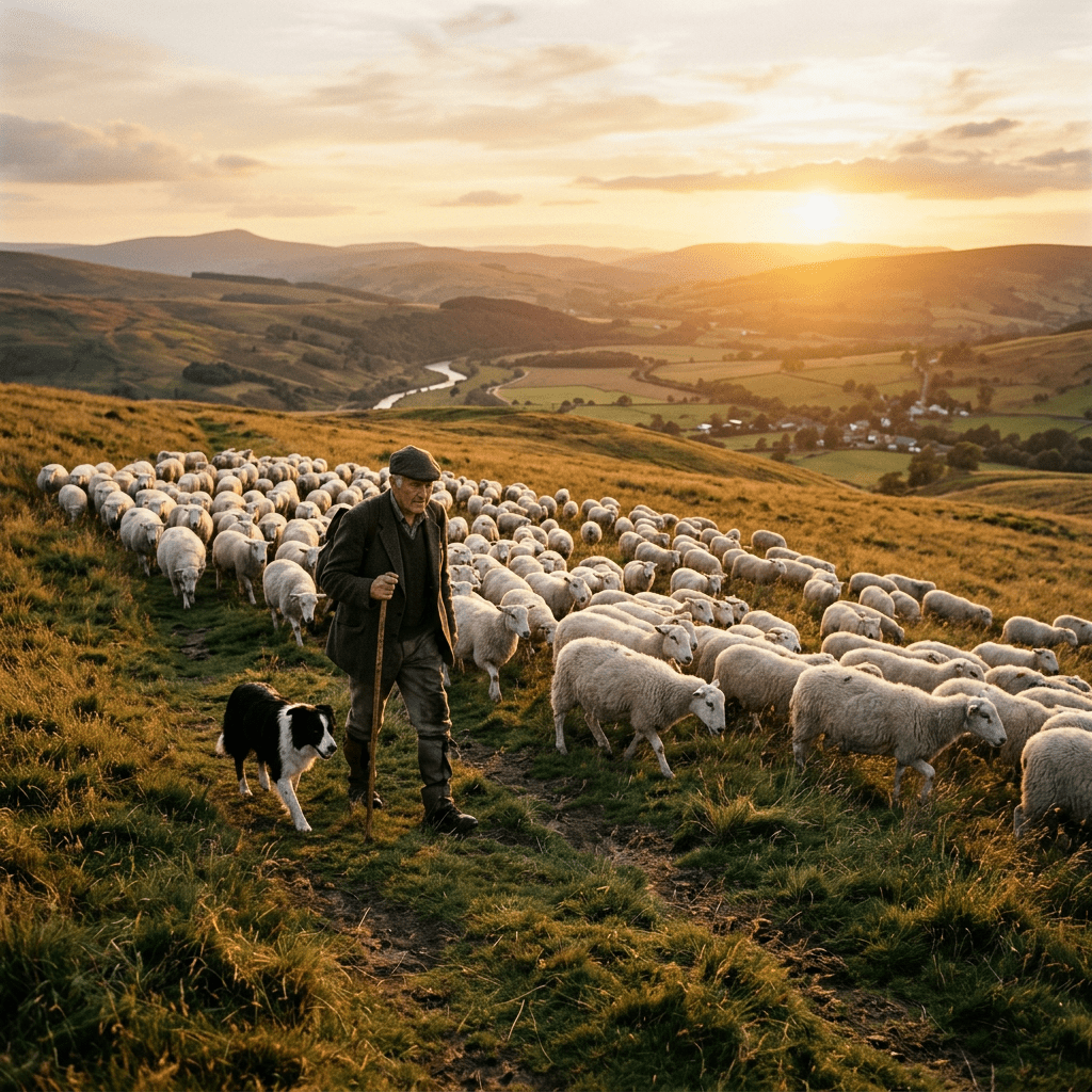 Shepherd walking with a flock of sheep and a dog in a grassy hill landscape at sunset