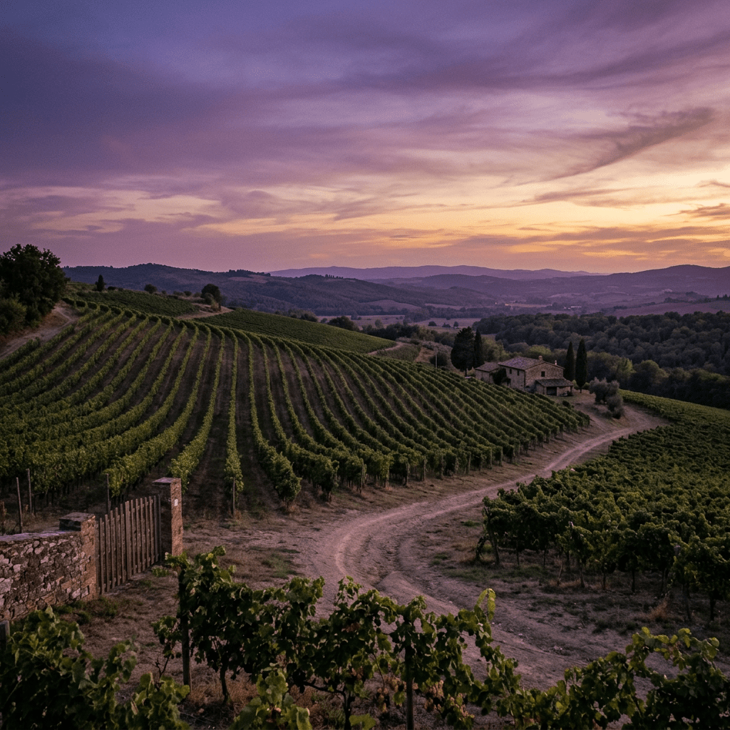 Vineyard rows on rolling hills with farmhouse and purple-orange sunset sky