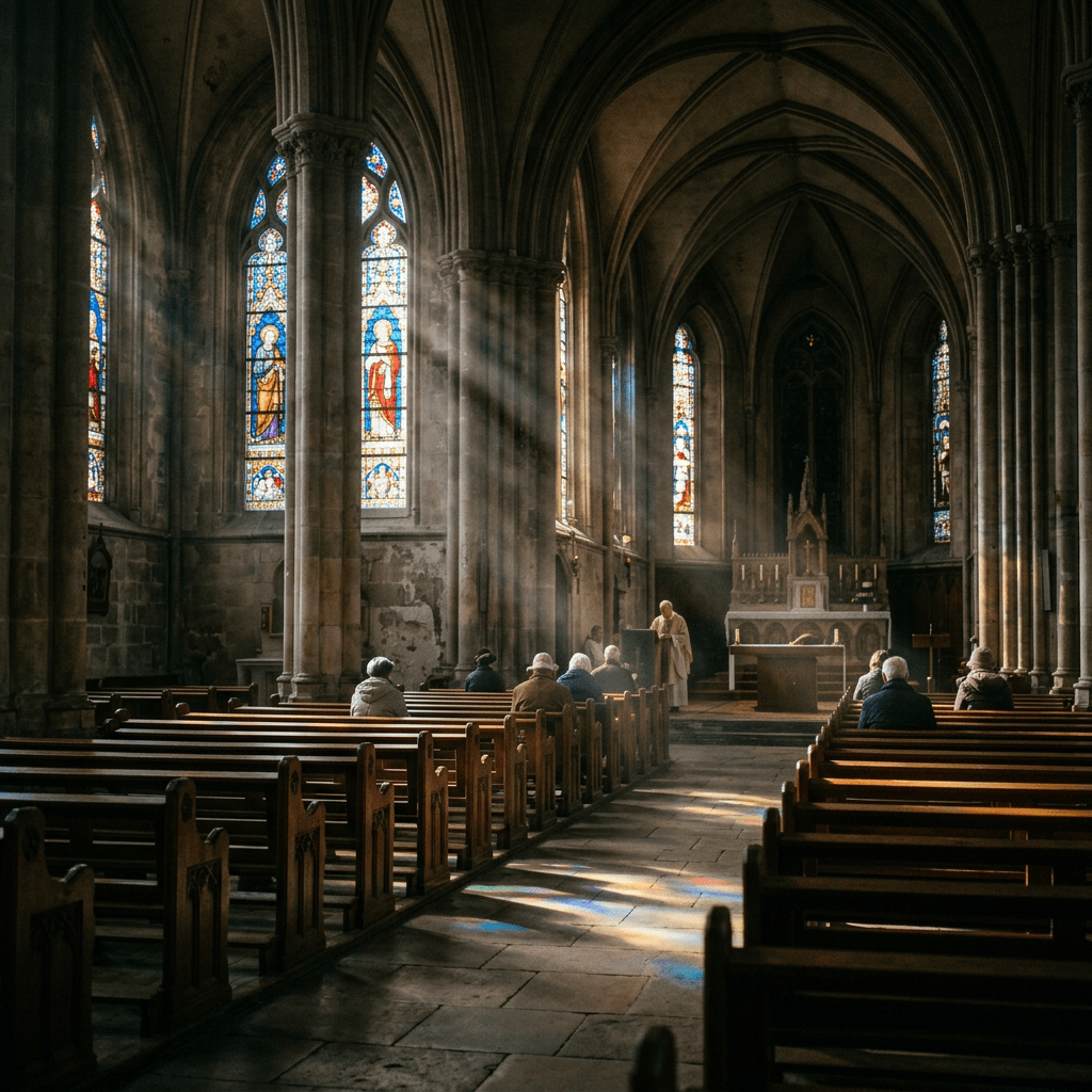 Interior of a gothic church showing stained glass windows and people seated during a religious service