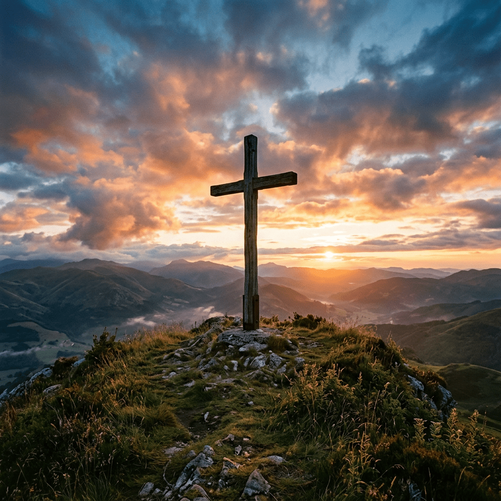 Wooden cross on rocky mountain peak with sun setting behind clouds