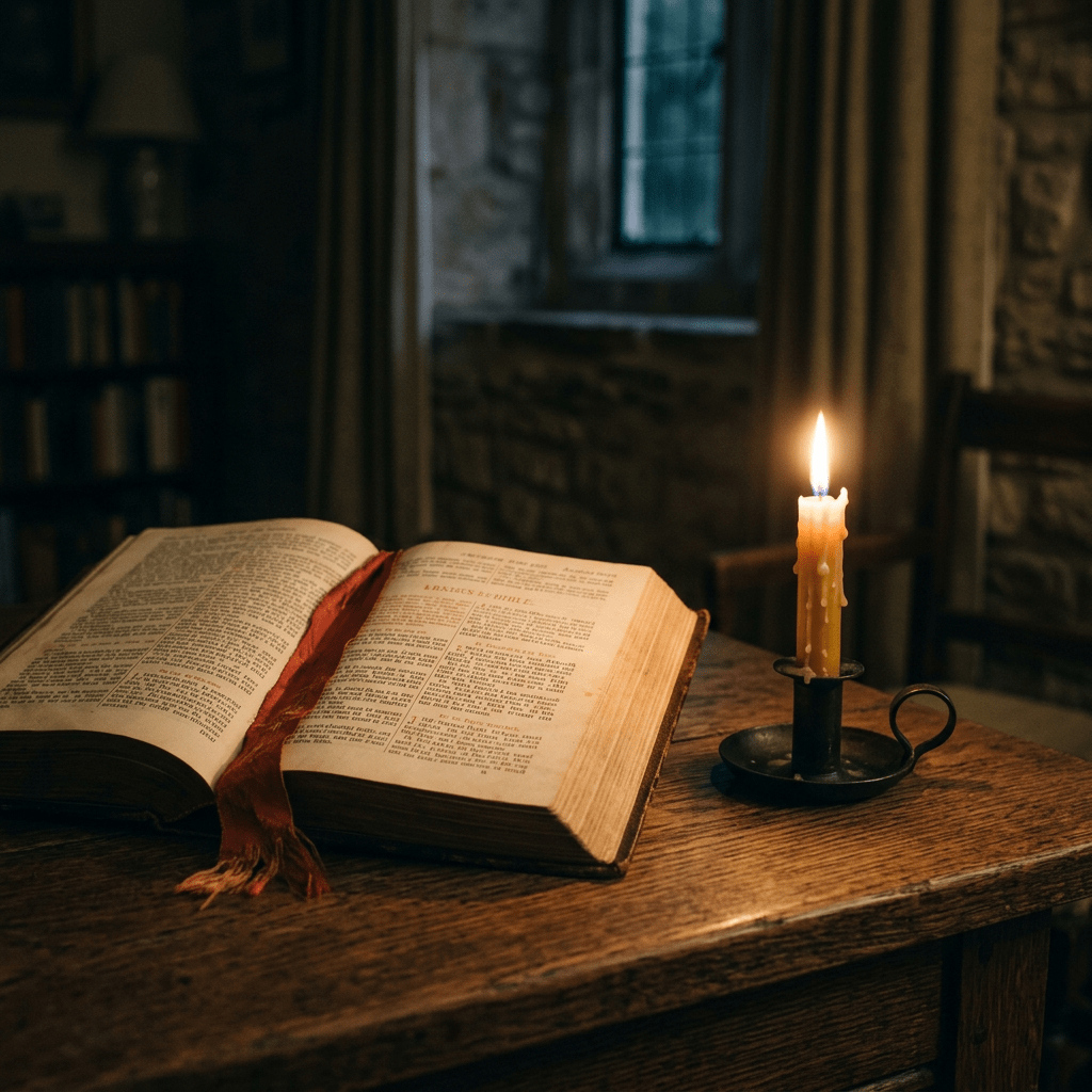 Open ancient book with a red ribbon bookmark and a lit candle in a holder on a wooden table
