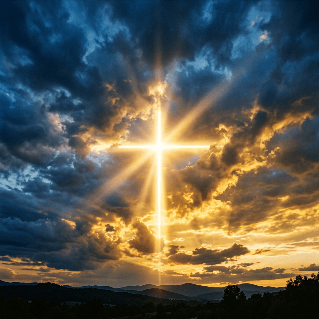 A bright, glowing cross formed by light beams in the sky during sunset above mountains and trees.