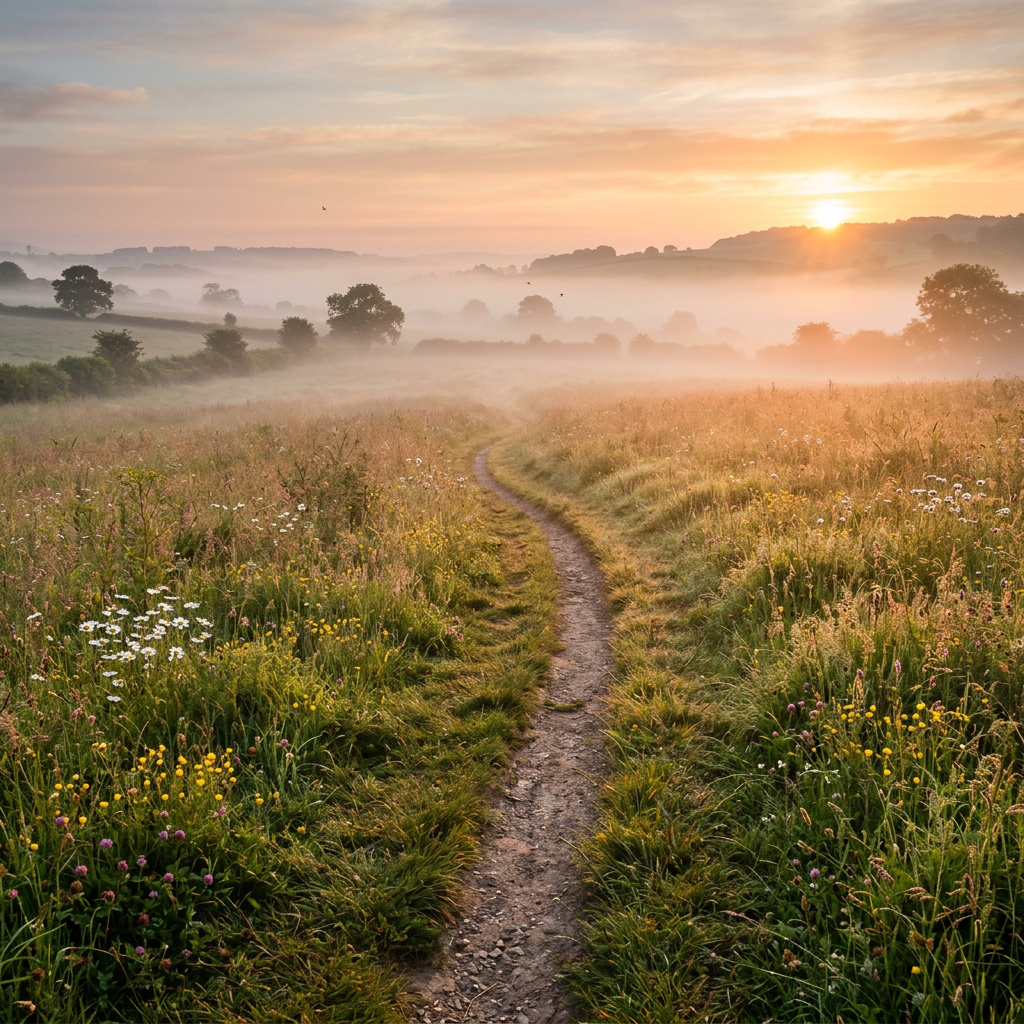 Winding dirt path through a meadow with wildflowers and morning mist at sunrise