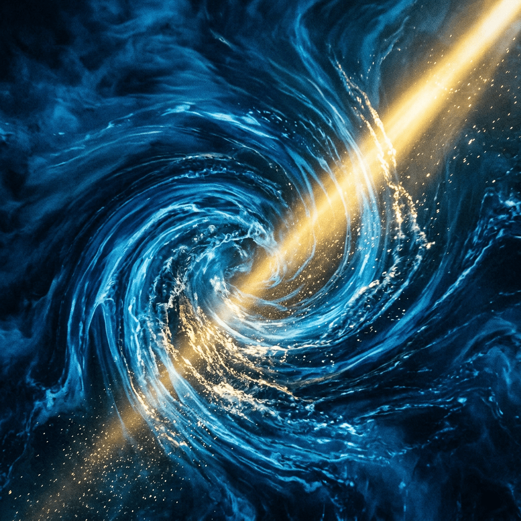 Golden light beam piercing swirling blue vortex with glowing particles