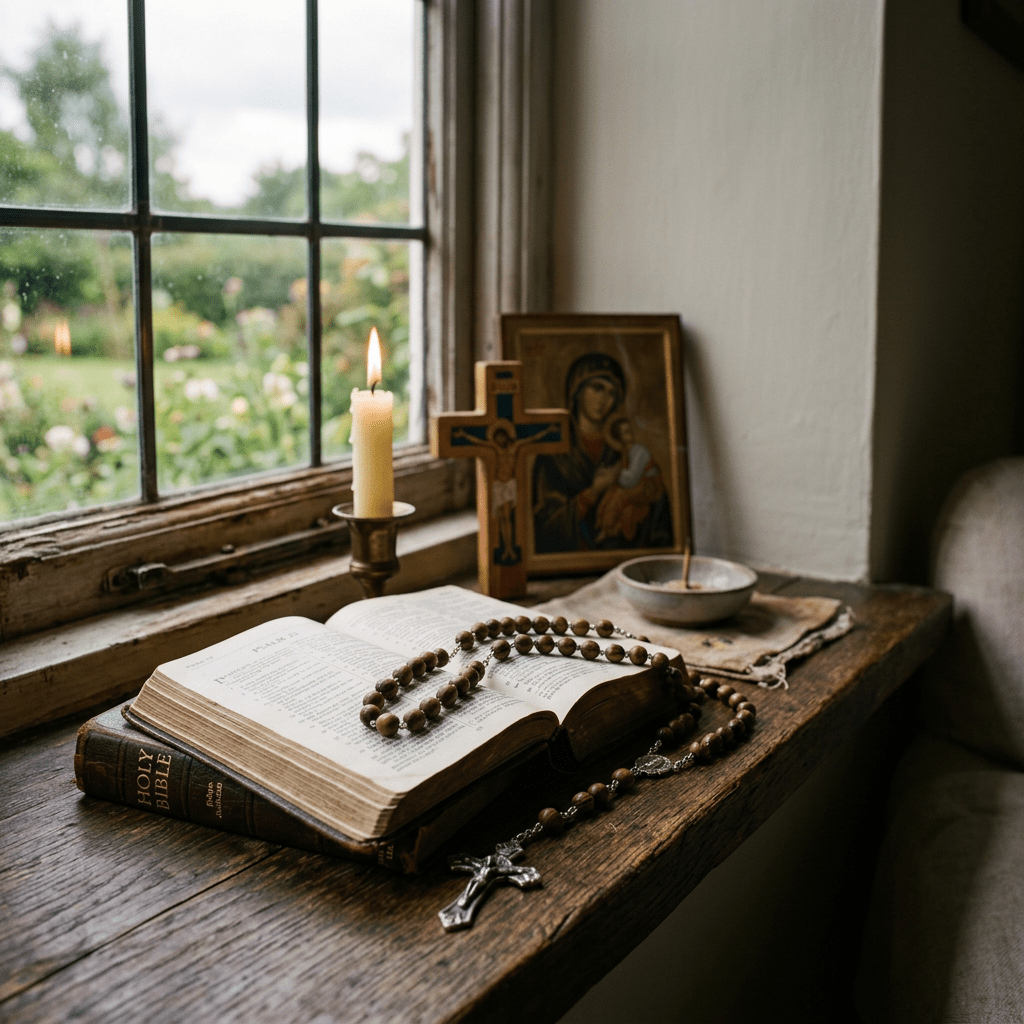 Open Bible with rosary, lit candle, wooden cross, and religious icon on wooden window ledge