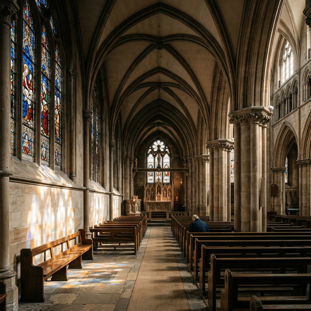 Interior of a Gothic church with arched ceilings, stained glass windows, wooden pews, and one person sitting