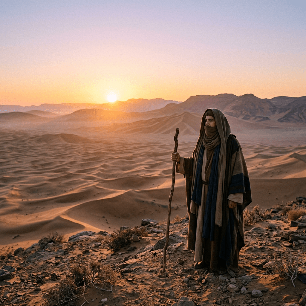 A person dressed in layered robes and headscarf holding a walking stick, standing on rocky terrain overlooking a wide desert landscape with sand dunes and distant mountains at sunset.