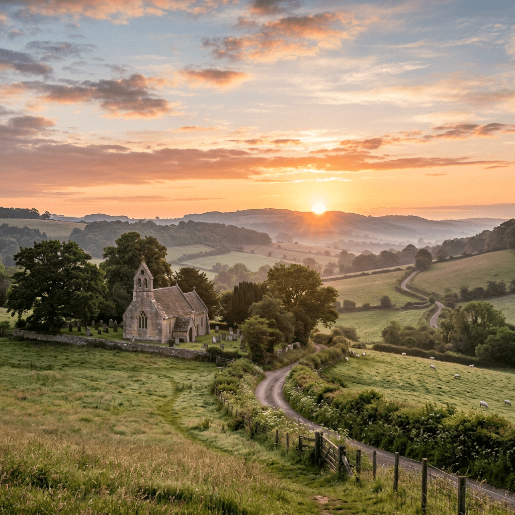 Stone church and graveyard in green countryside with sunrise and winding road