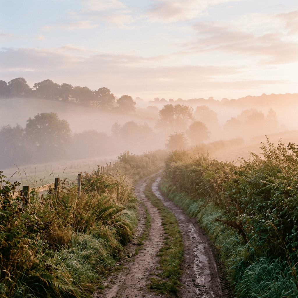 Dirt path winding through lush green bushes and trees in foggy morning light