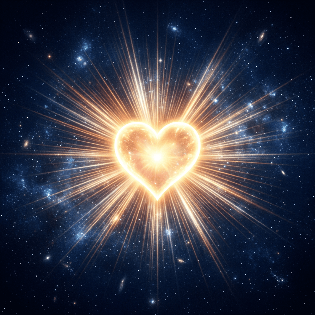 Glowing heart shape emitting golden light rays in a star-filled space.