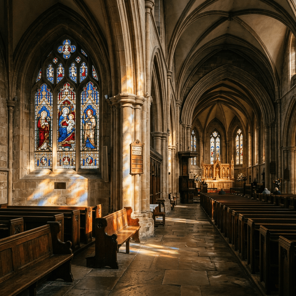 Sunlight shining through stained glass windows inside a gothic church with wooden pews and stone arches