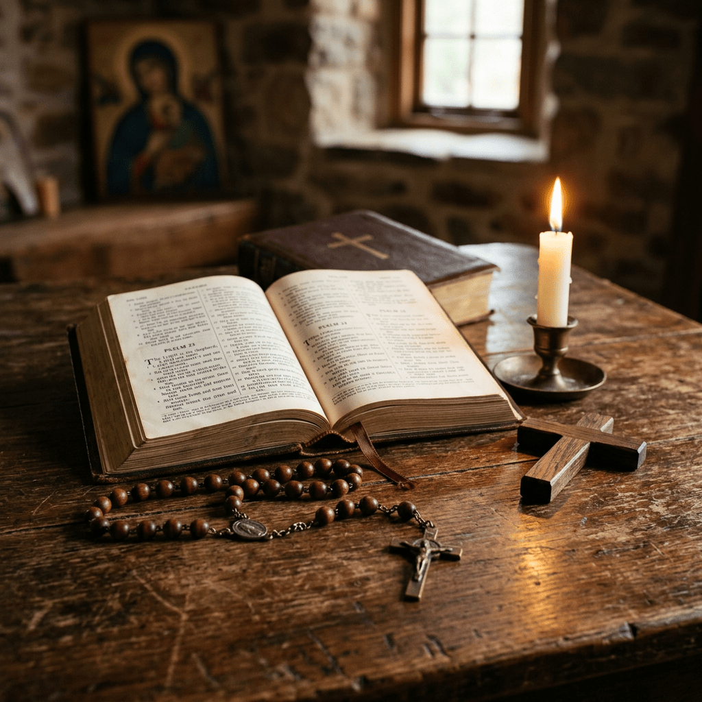 Open Bible with rosary beads, wooden cross, and lit candle on wooden table