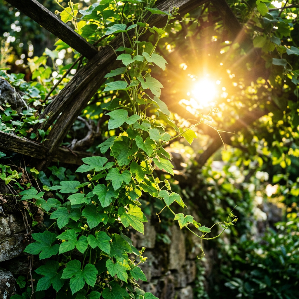 Green vine leaves climbing a wooden trellis with sunlight shining through