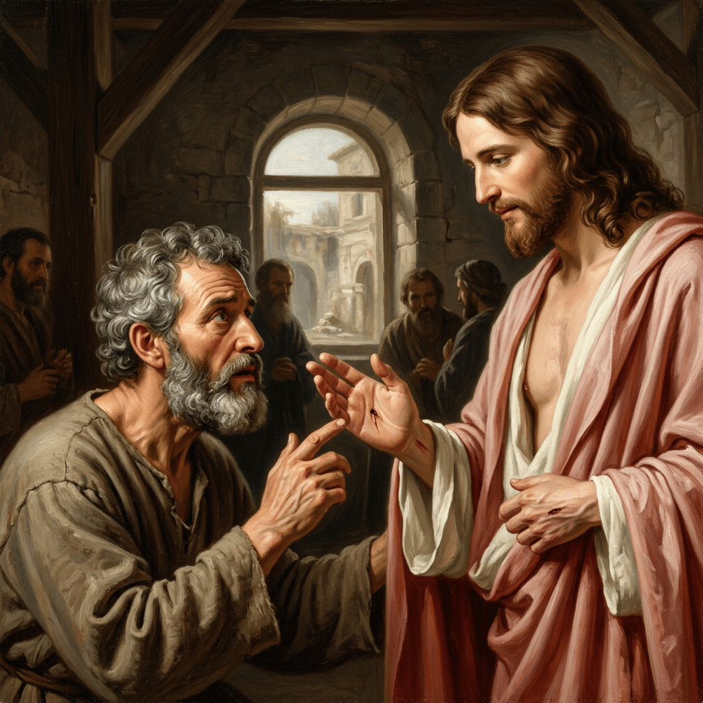 Apostle Thomas touching Jesus' wounds, confirming his resurrection