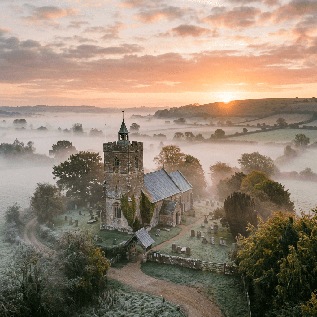 Stone church with bell tower in misty rural landscape at sunrise