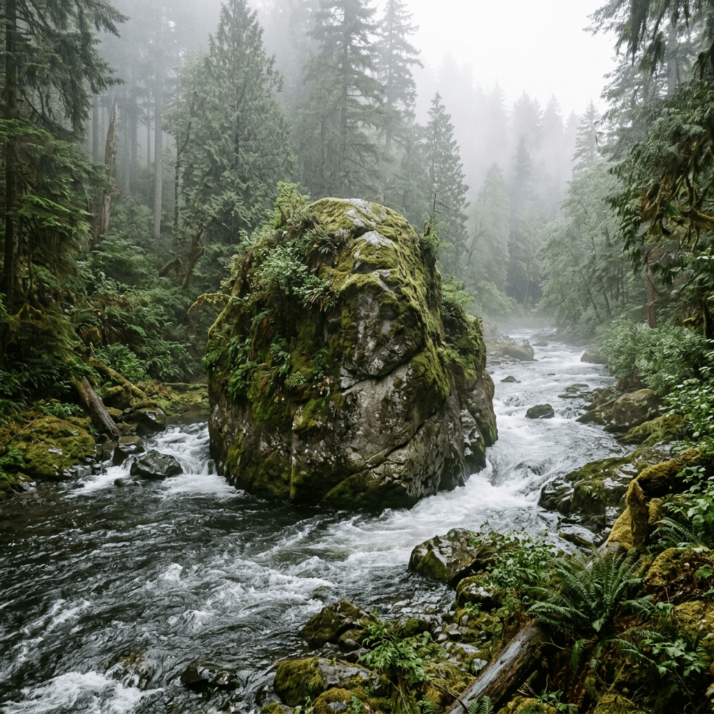 Flowing river around a moss-covered boulder in a misty evergreen forest