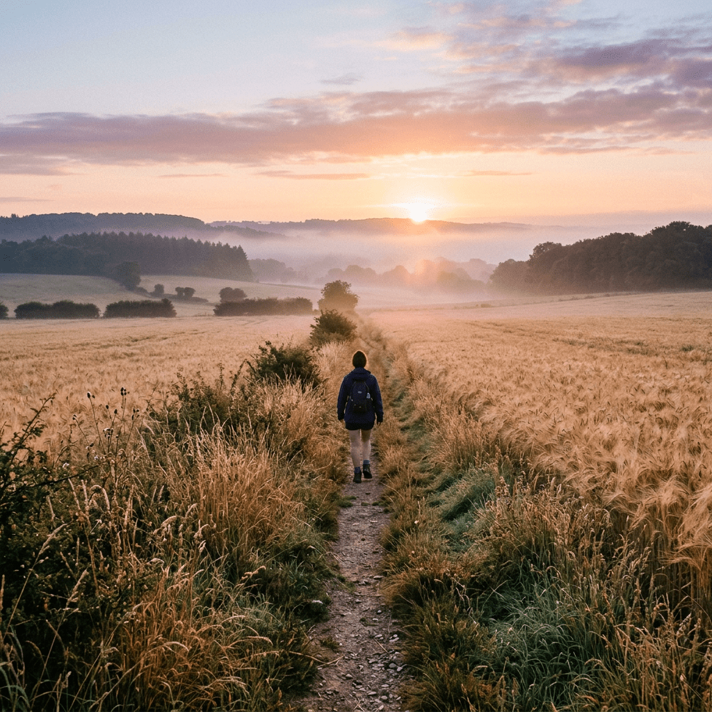 Person hiking on a dirt path through fields with sunrise in the distance