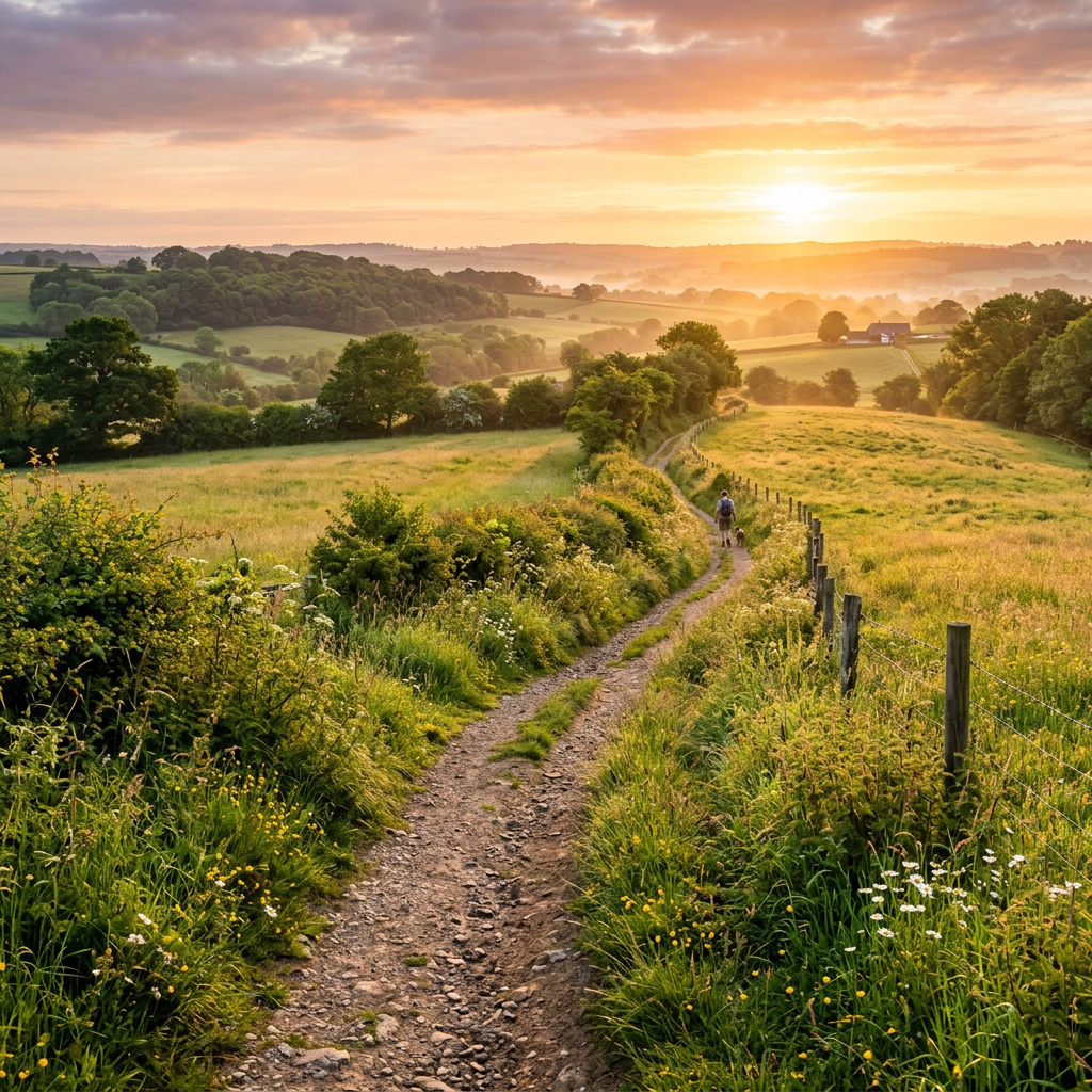 Person walking dog on rural path through grassy fields at sunset