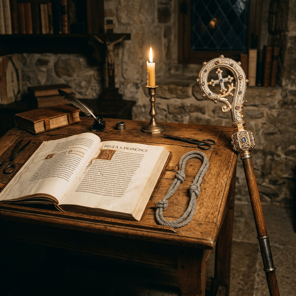 Open ancient religious manuscript on wooden desk with candle, bishop's crozier, rope, ink, and quill