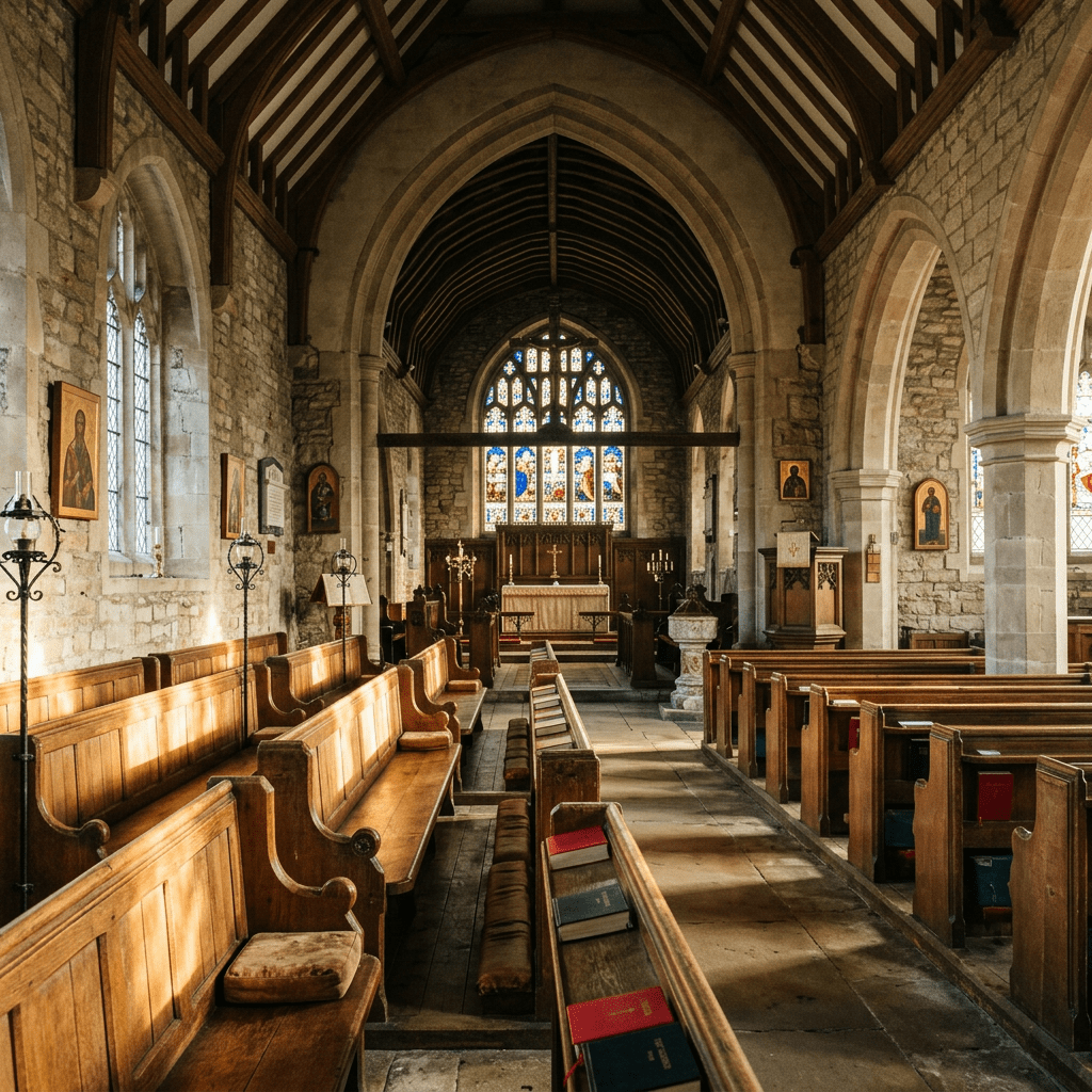 Interior of a historic stone church with wooden pews, stained glass windows, and an altar