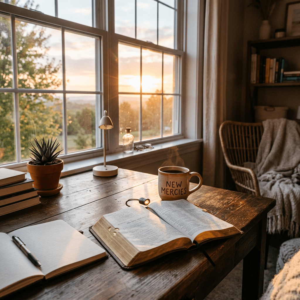 Open book with a mug labeled New Mercies on wooden table by window at sunrise
