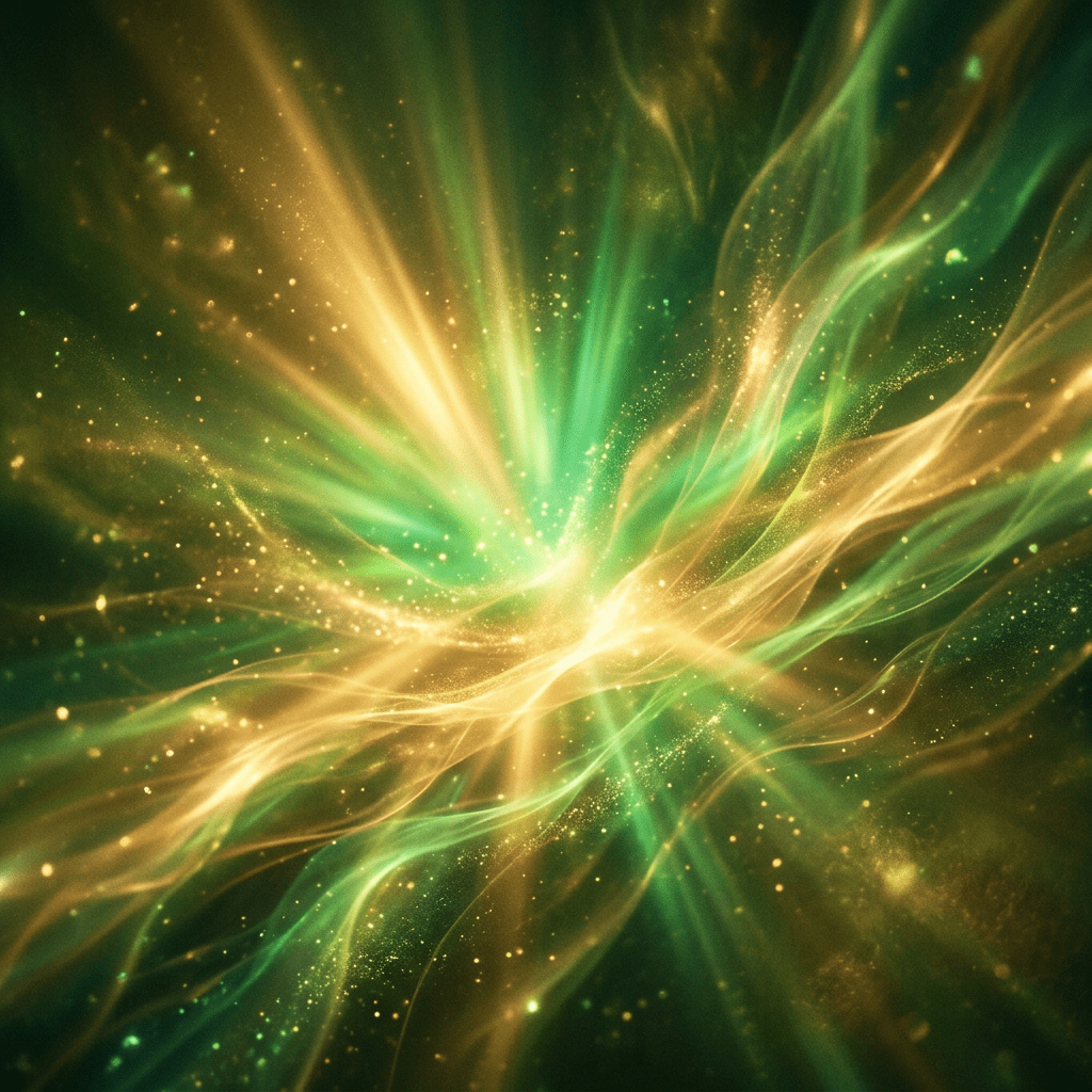 Swirling streams of green and gold light with sparkling particles