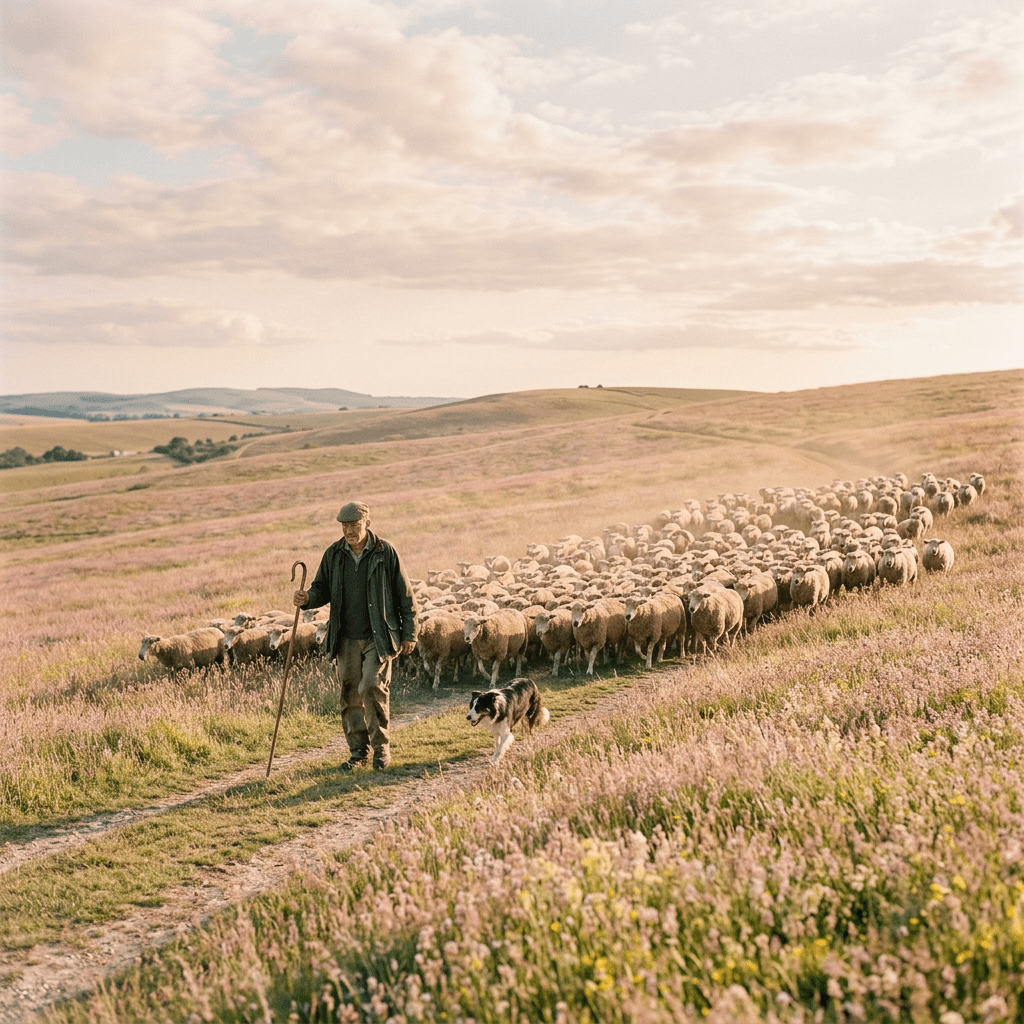 Shepherd walking on a path with a dog herding a large flock of sheep in a grassy field