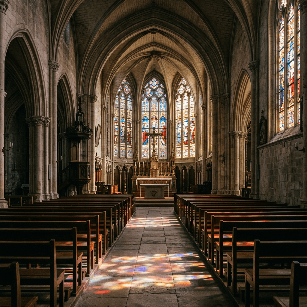 Interior of a Gothic church with wooden pews, stone arches, and colorful stained glass windows casting light patterns on the floor.