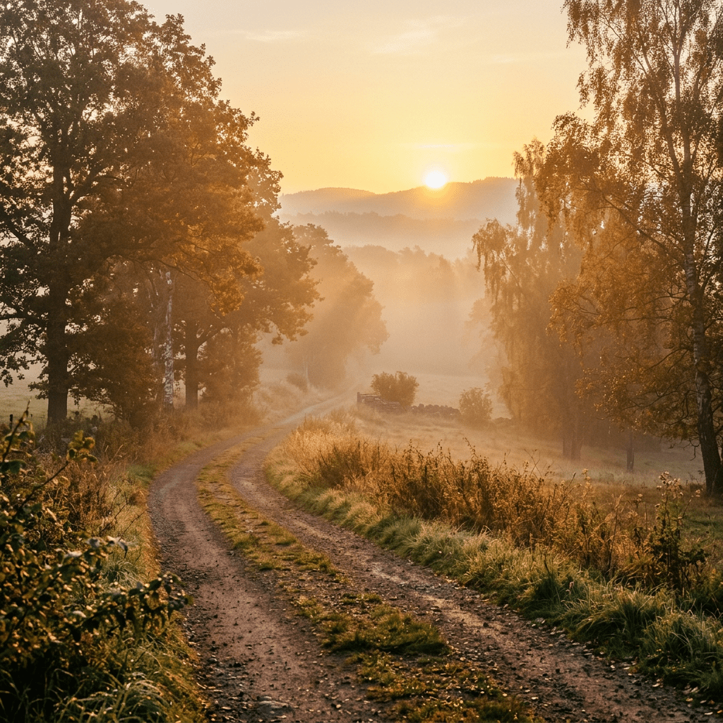 Winding dirt path surrounded by trees and grasses at sunrise with soft mist