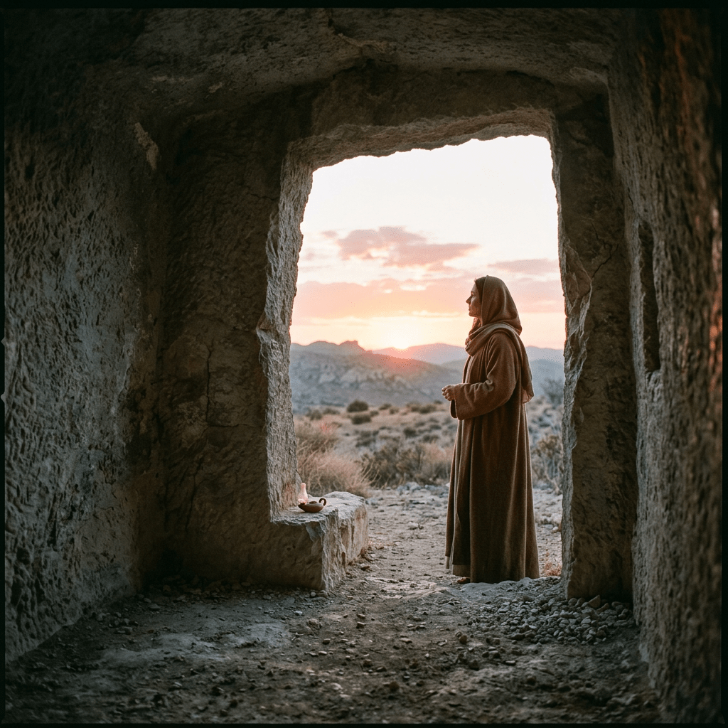 Person wearing a cloak standing in a cave doorway looking at sunset over desert landscape
