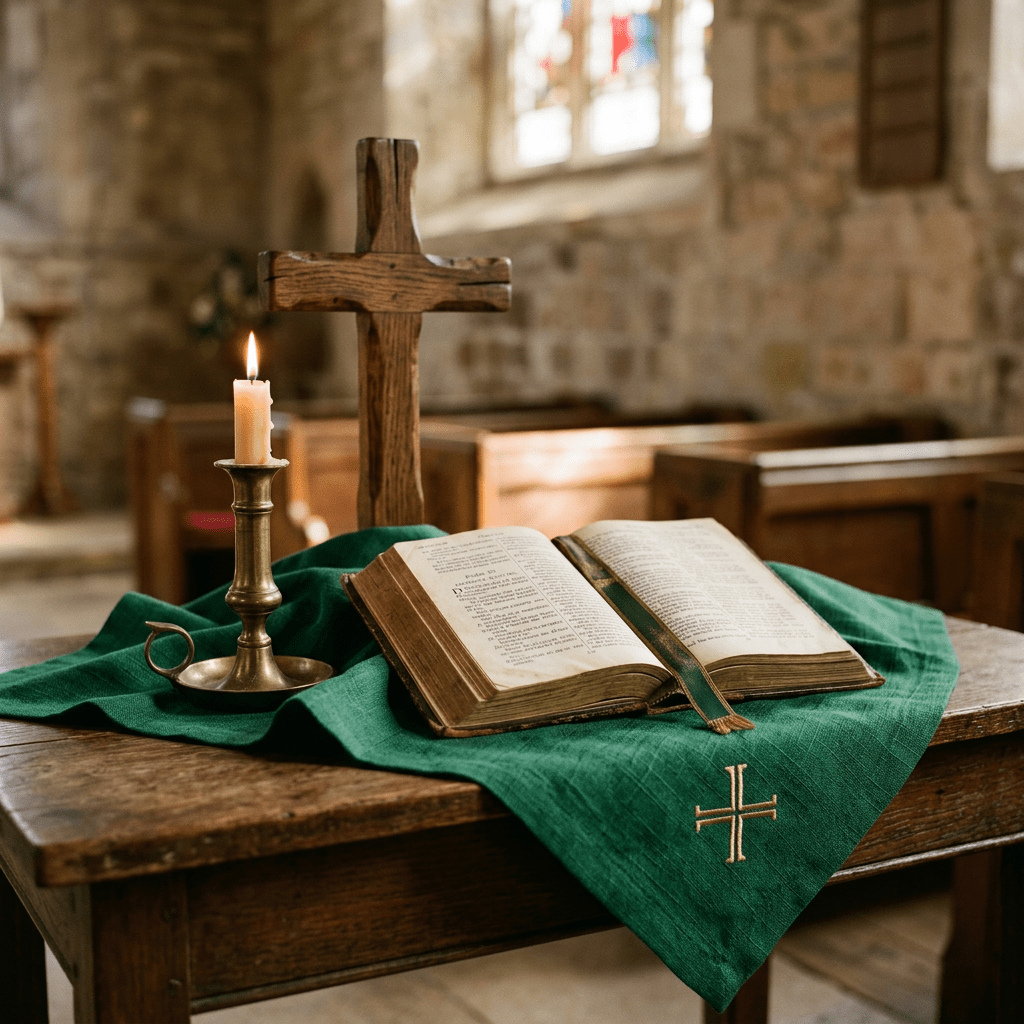 Open Bible on green cloth with wooden cross and lit candle on altar