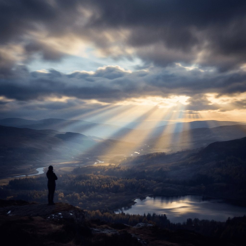 Silhouette of person overlooking valley with sunbeams through clouds