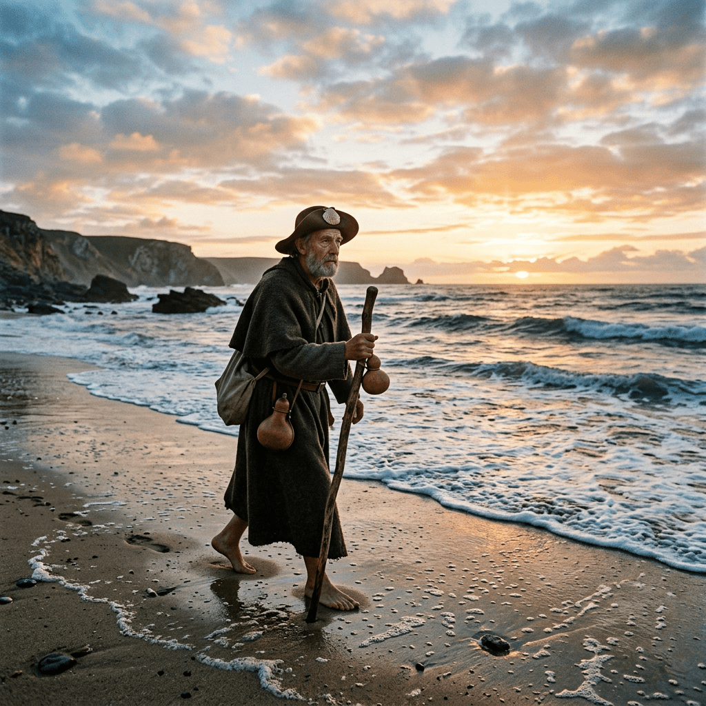Older man dressed as a pilgrim walking barefoot on a sandy beach at sunrise holding a wooden staff and gourds