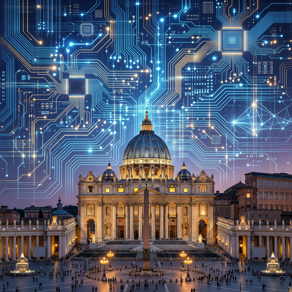 St. Peter's Basilica at dusk with digital circuit patterns overlaying the sky