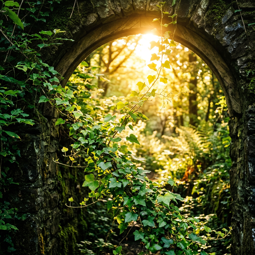 Stone archway covered with green ivy and moss, sunlight shining through trees behind