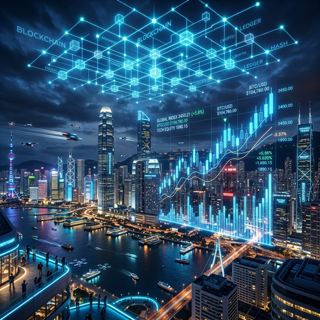 City skyline at night with blockchain network and cryptocurrency charts overlay