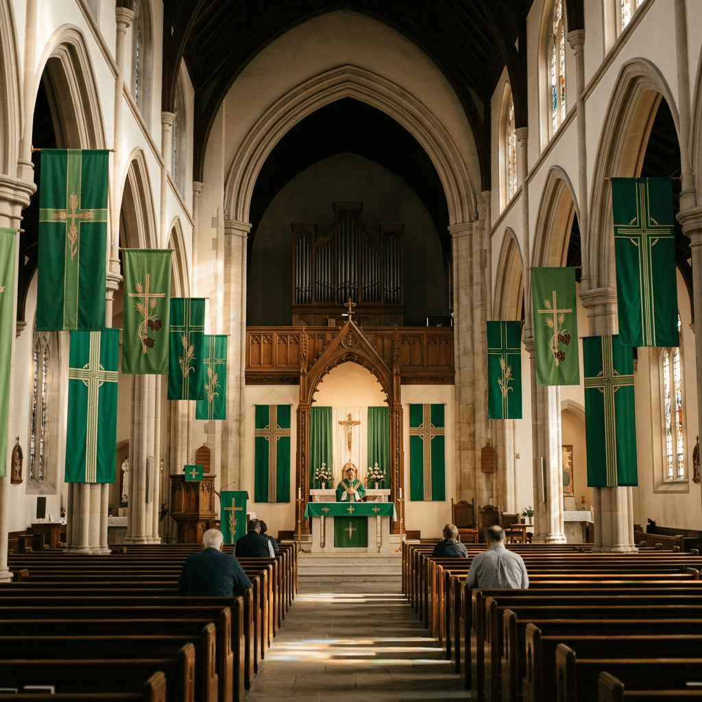 Interior of a church with wooden pews, green banners, and a priest at the altar