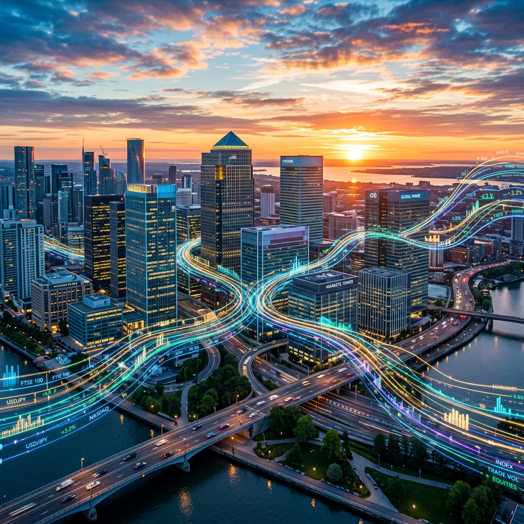Modern city skyline at sunset with digital financial data overlays on buildings and highways
