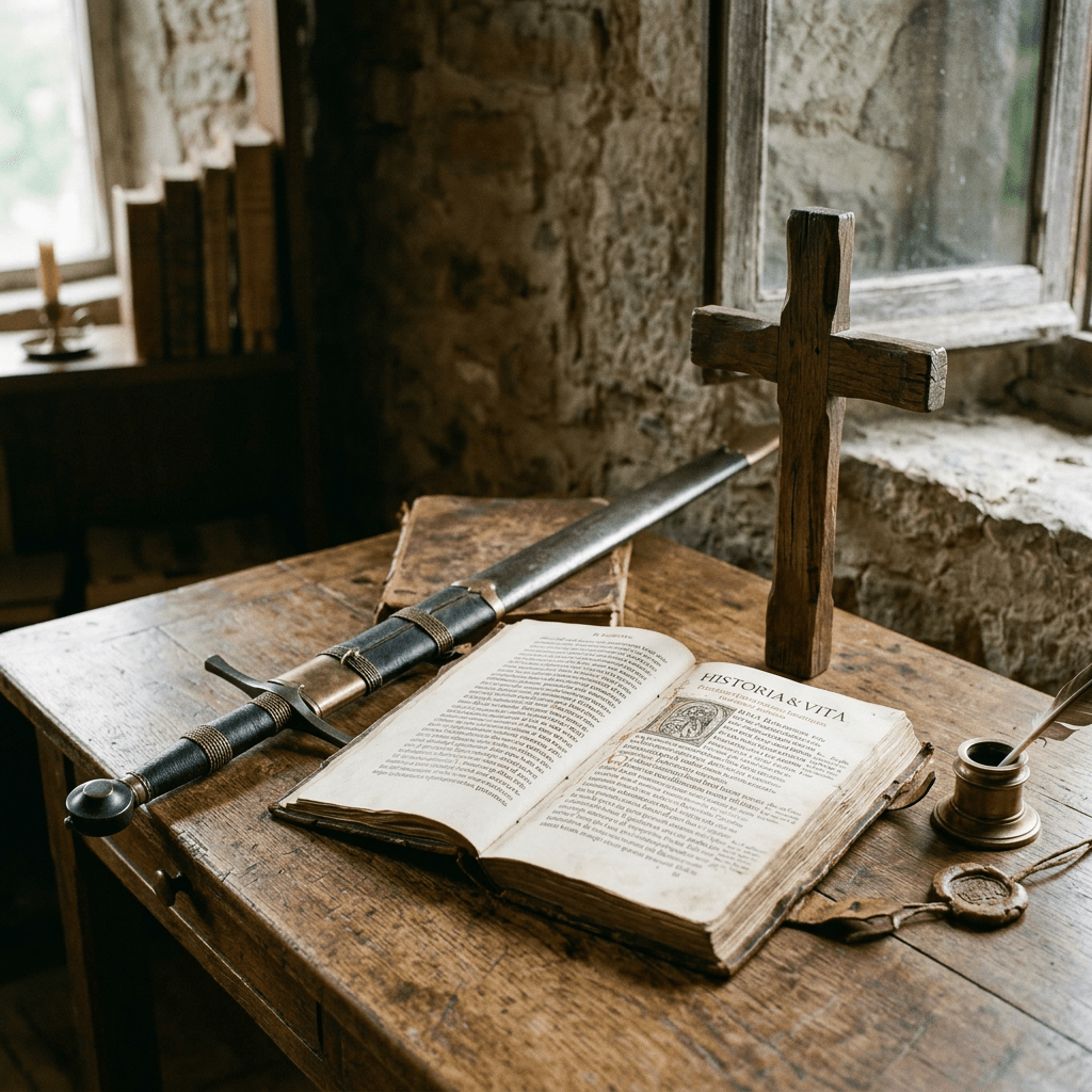 Open ancient book titled Historia & Vita on wooden table with wooden cross and sword