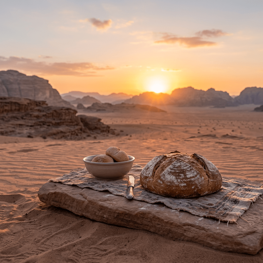 Round loaf and small rolls on cloth on rock in desert at sunrise