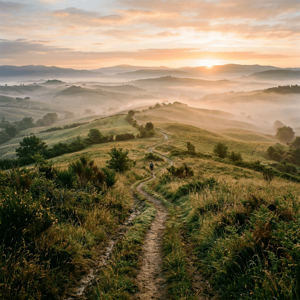 A person hiking on a dirt trail winding through green hills with morning mist and sunrise