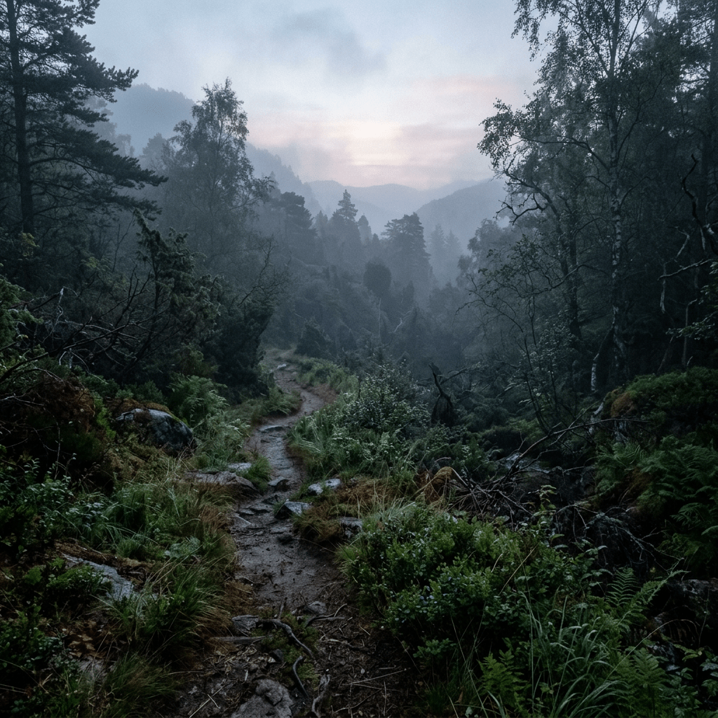 Winding dirt path through dense forest with mist and distant hills at dawn