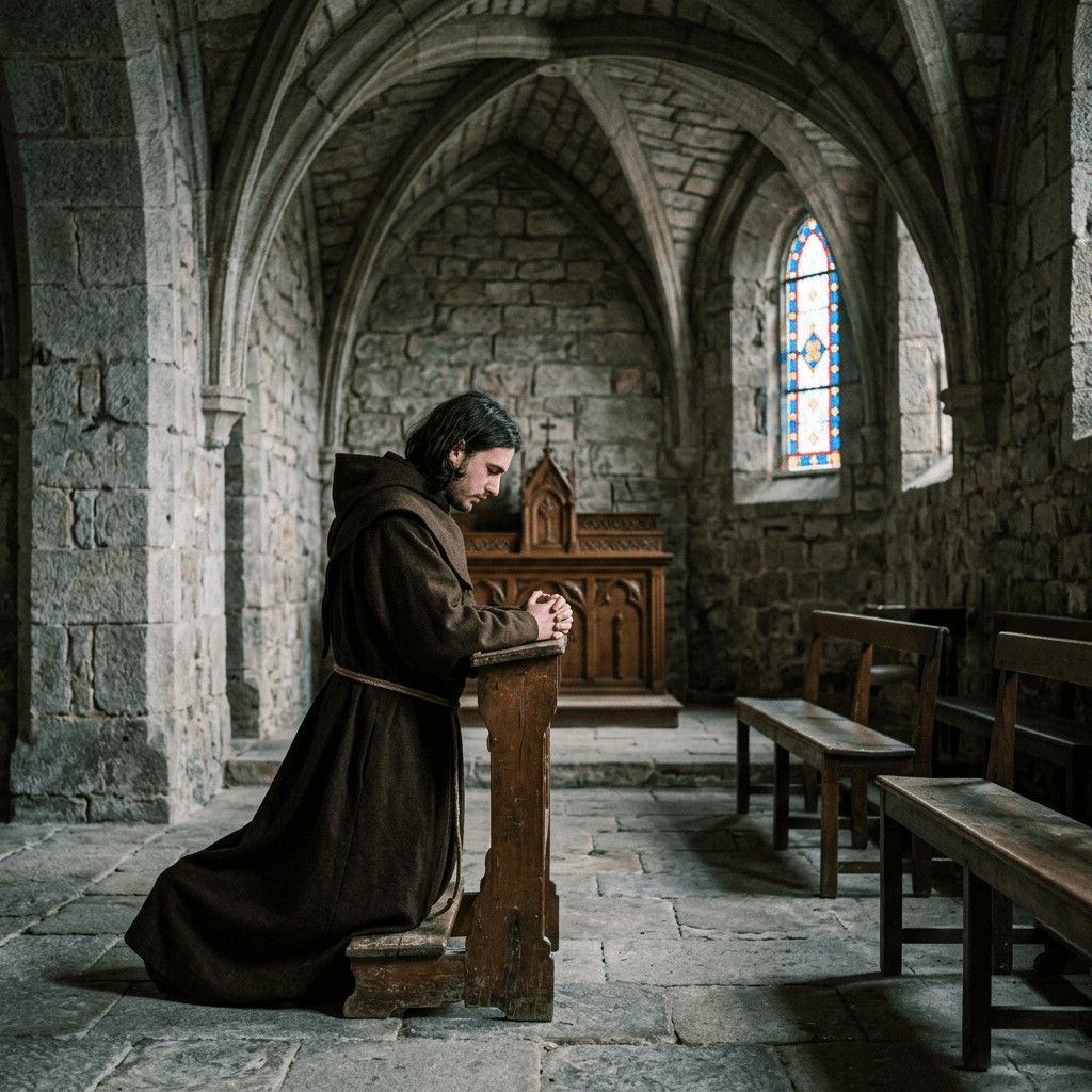 Monk in brown robe kneeling and praying in a medieval stone chapel