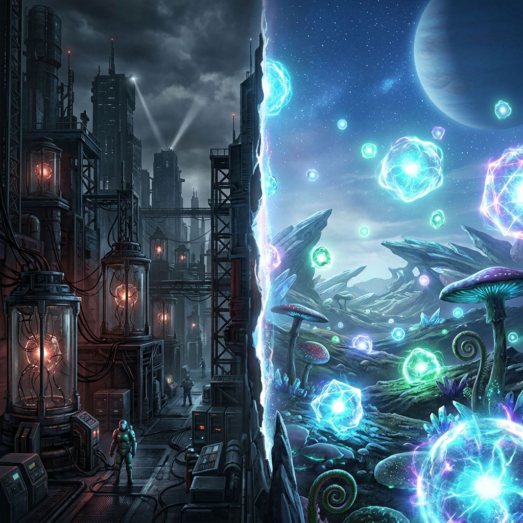 Industrial cityscape with glowing machines contrasted with a colorful alien landscape featuring glowing orbs and unusual flora