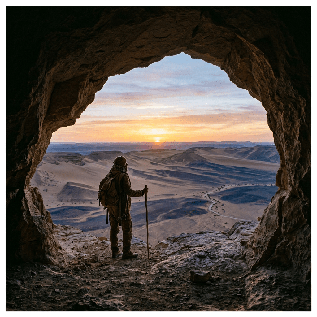 Person with backpack and walking stick at cave entrance overlooking desert sunrise