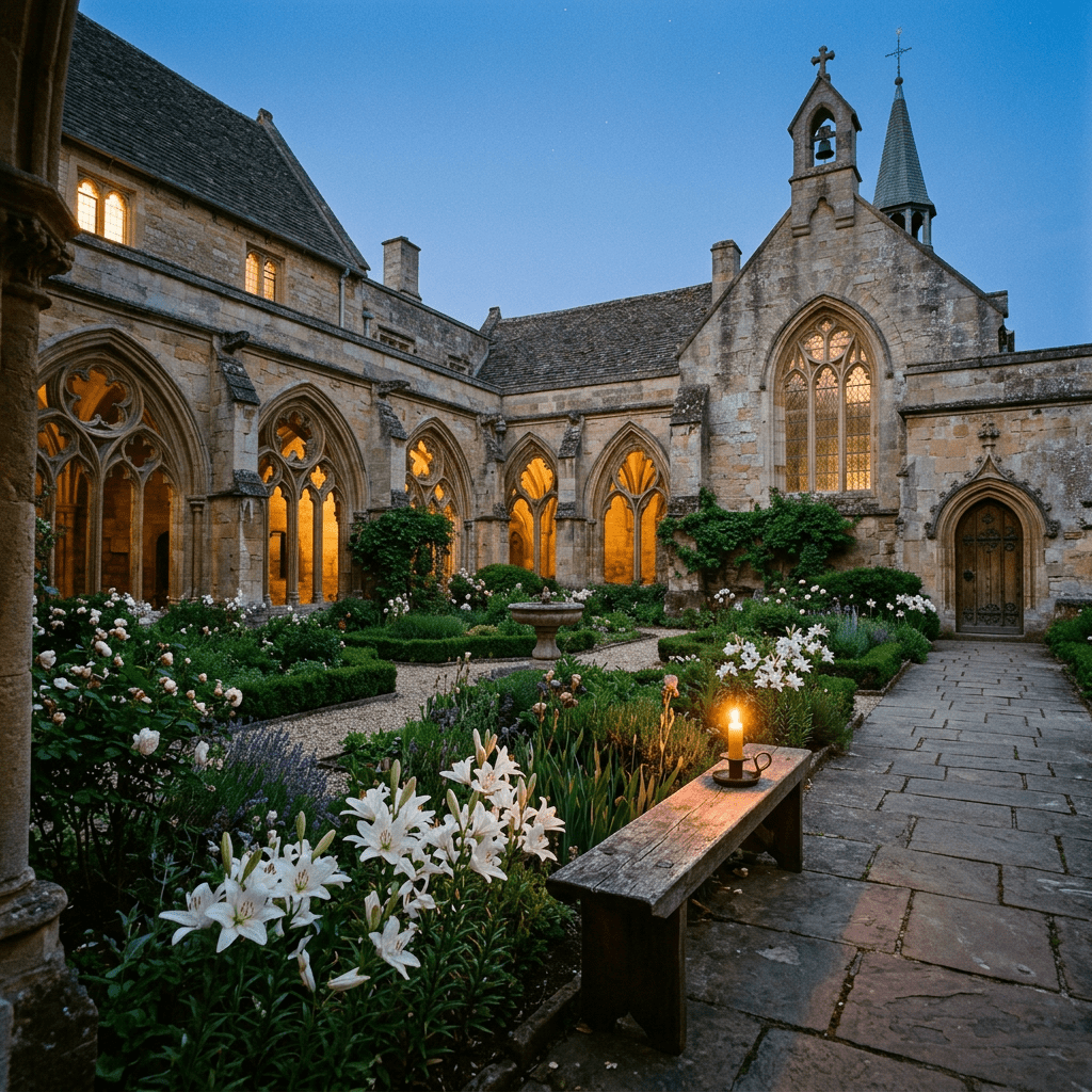 Garden courtyard with blooming white lilies, stone pathways, and illuminated arched windows in an old monastery