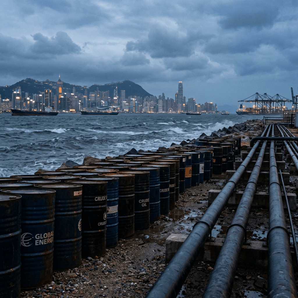 Rows of oil barrels and pipelines along a rocky shoreline with a city skyline and ships in the background under a cloudy sky at dusk