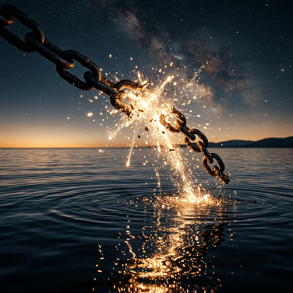 Broken chain exploding with sparks above ocean water at dusk